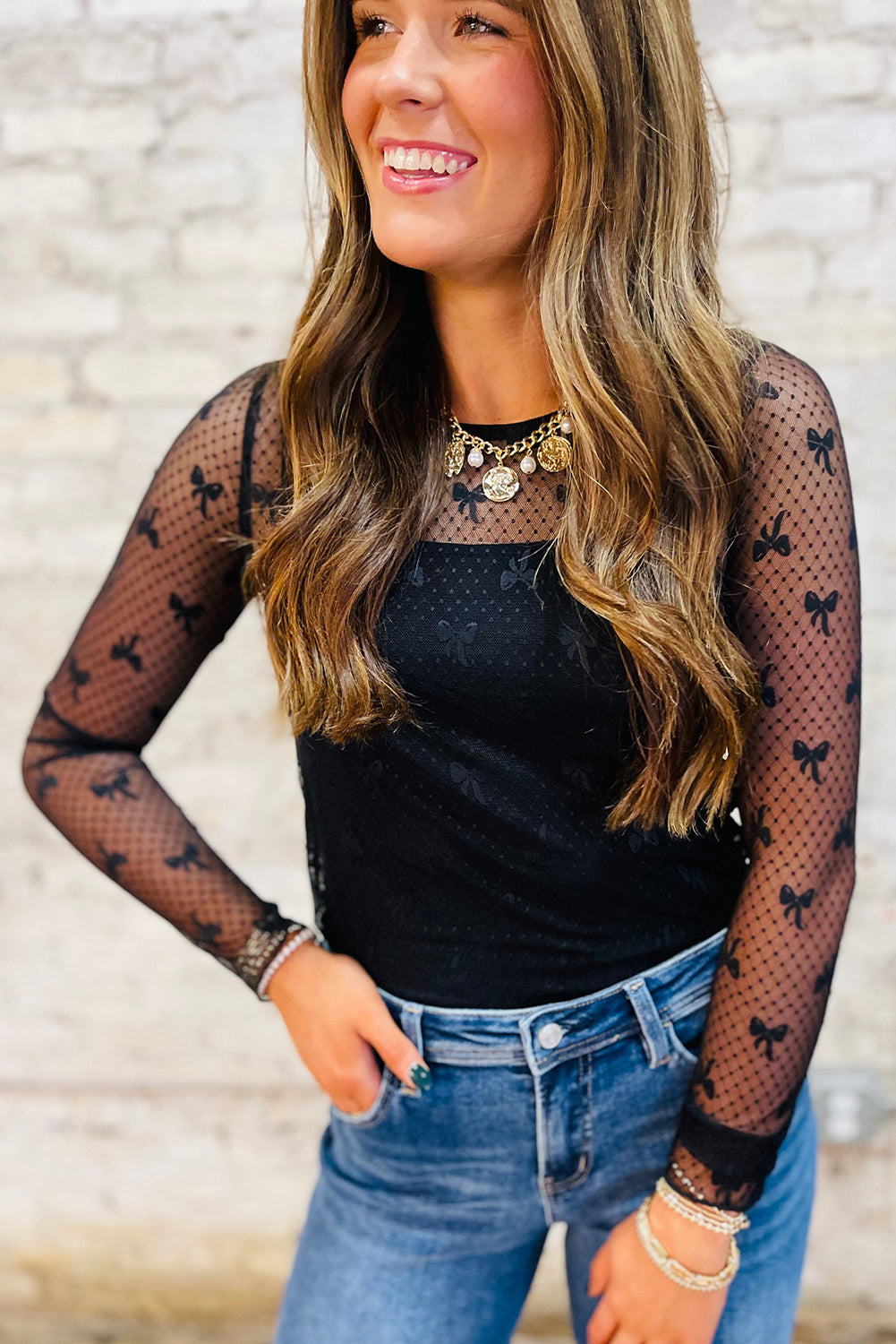Bow Accent Mesh Top