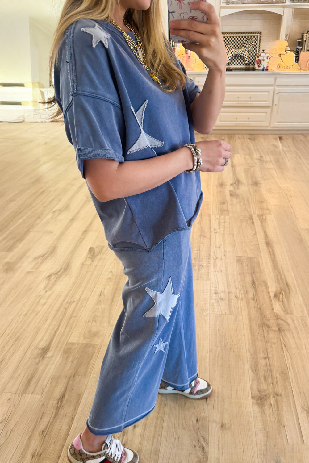 (Pre order 4.10)Wash Star Patched Rolled Trim Pants Set