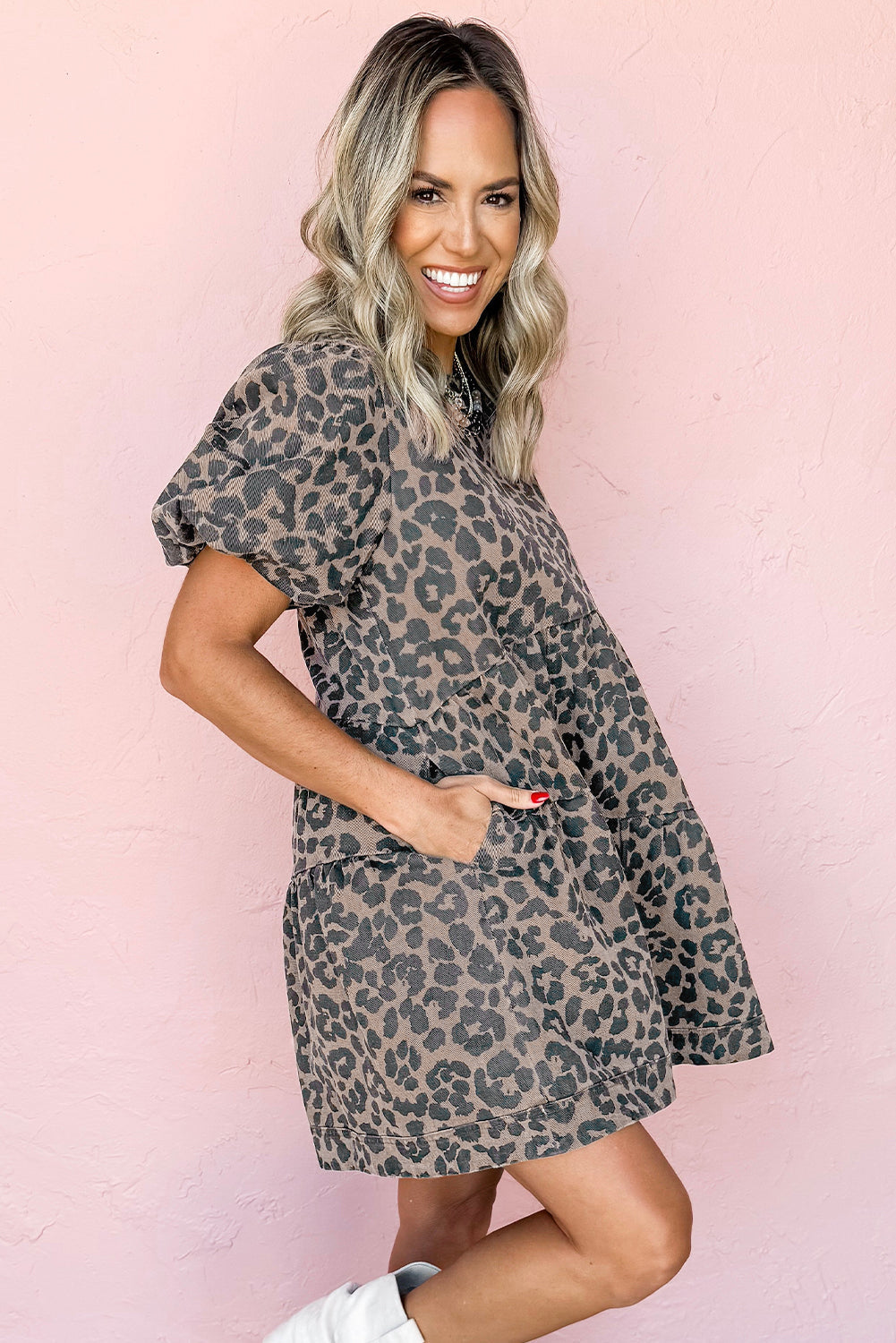 (Pre order 4.15)Leopard Flared Denim Mini Dress