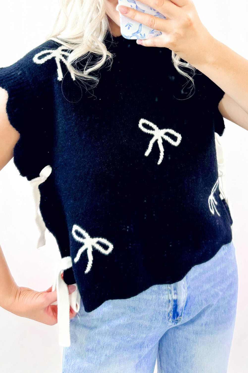 Bow Side Ties Scalloped Hem Sweater