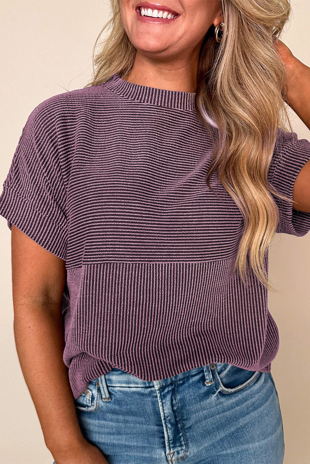 Corded Knit Mock Neck T Shirt