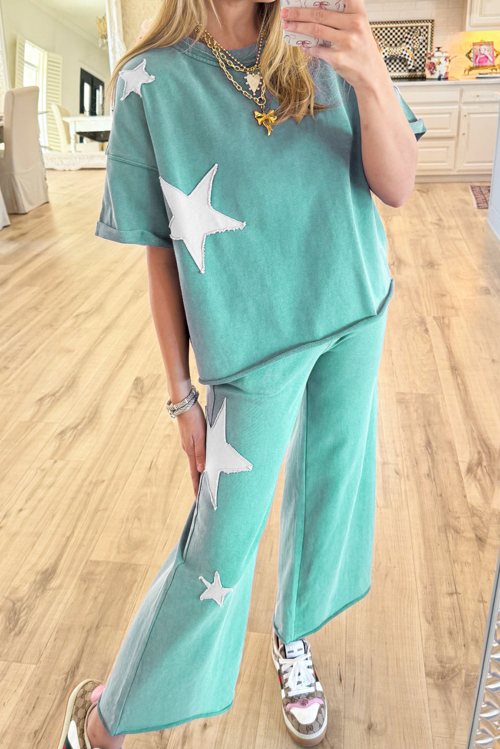 (Pre order 4.10)Wash Star Patched Rolled Trim Pants Set