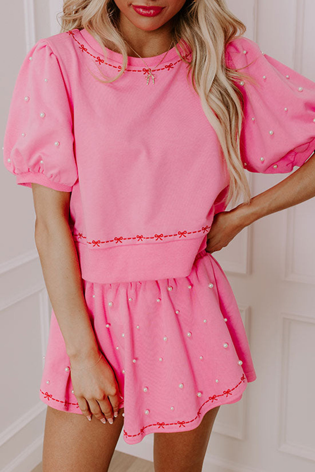 Bow Trim Pearl Blouse and Skort 2pcs Set