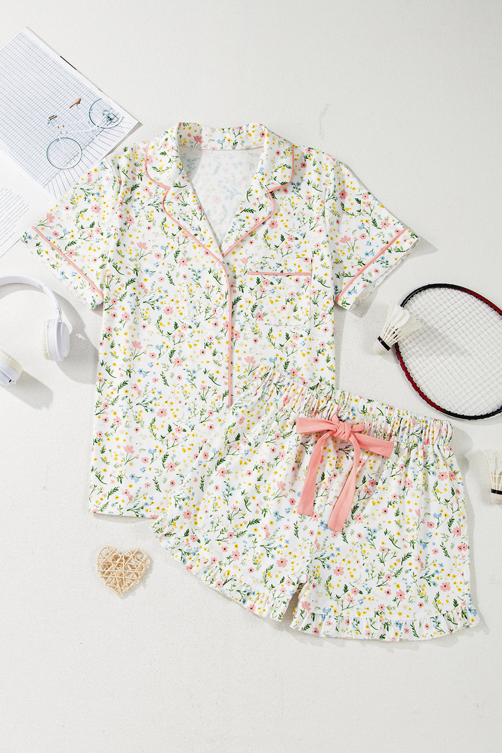 Print Contrast Pipping Short Pajamas Set