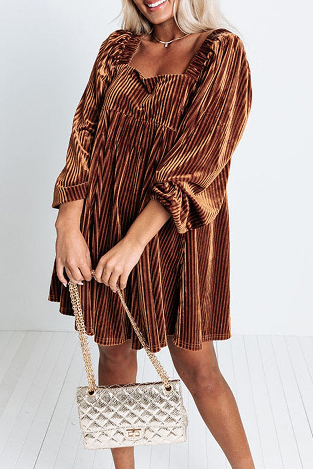 Tie Back Square Neck Velvet Babydoll Dress