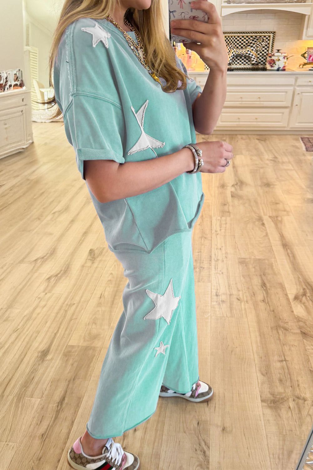 (Pre order 4.10)Wash Star Patched Rolled Trim Pants Set