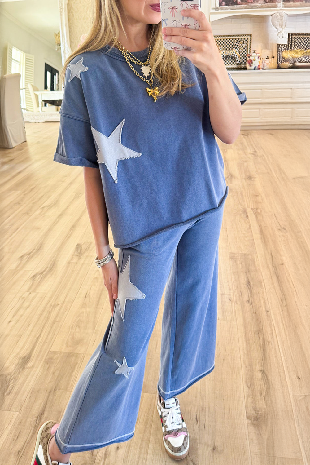 (Pre order 4.10)Wash Star Patched Rolled Trim Pants Set