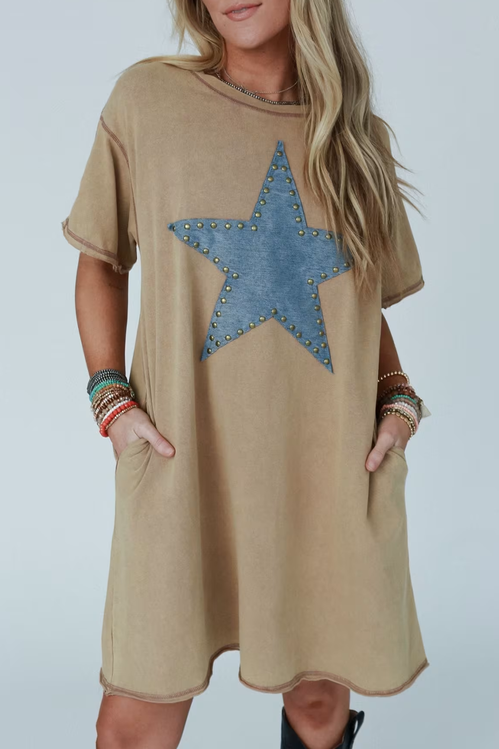 (Pre order 4.5)Wash Stud Star Mini T Shirt Dress