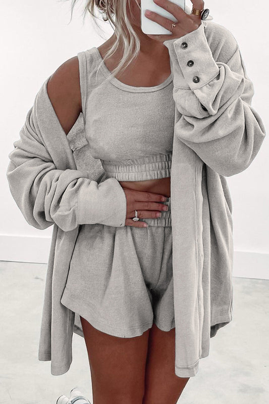 Crop Tank Shorts with Cardigan 3 Pcs Set