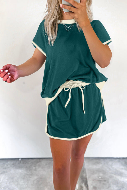 Colorblock Edge Short T Shirt and Skirt 2Pcs Set
