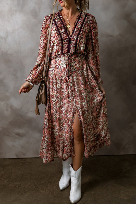 Floral Split Front Tiered Frilled Midi Dress
