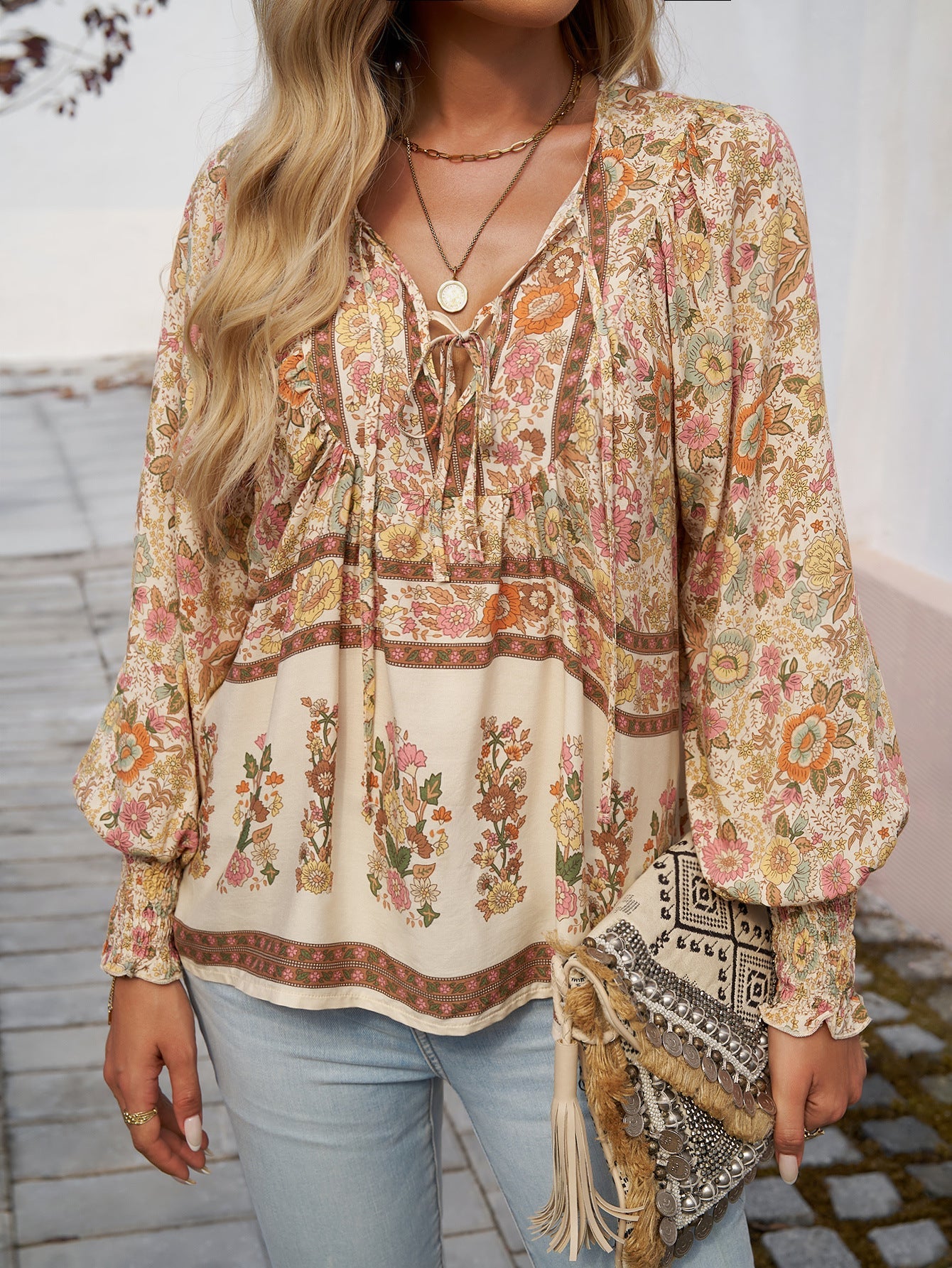 Tie Front V Neck Bohemian Top