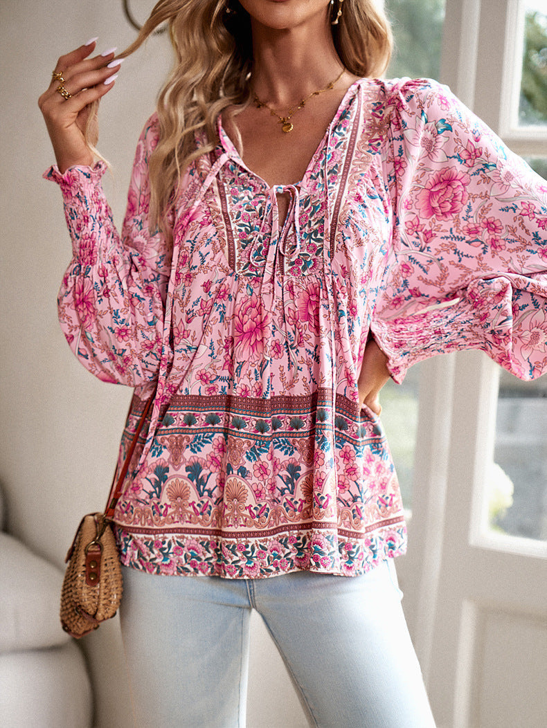 Tie Front V Neck Bohemian Top