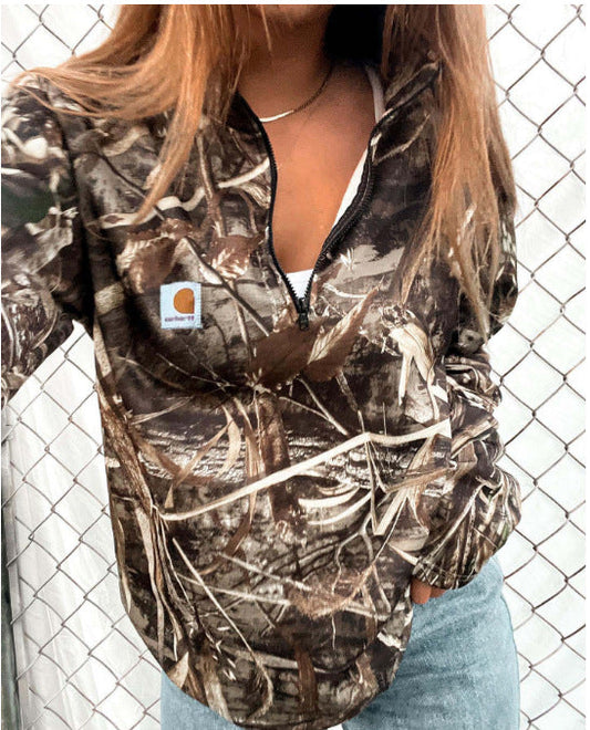 Zippered Turtleneck Printed Top