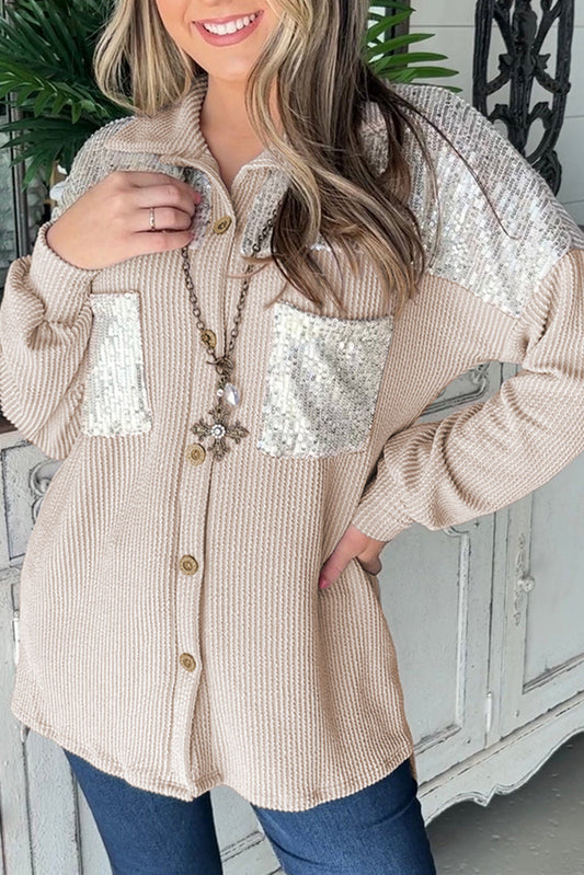 Sequin Patch Chest Pocket Corded Shacket