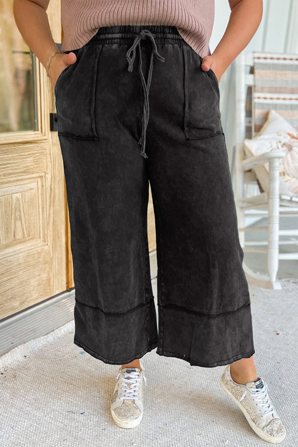 Plus Size Wash Wide Leg Cropped Pants