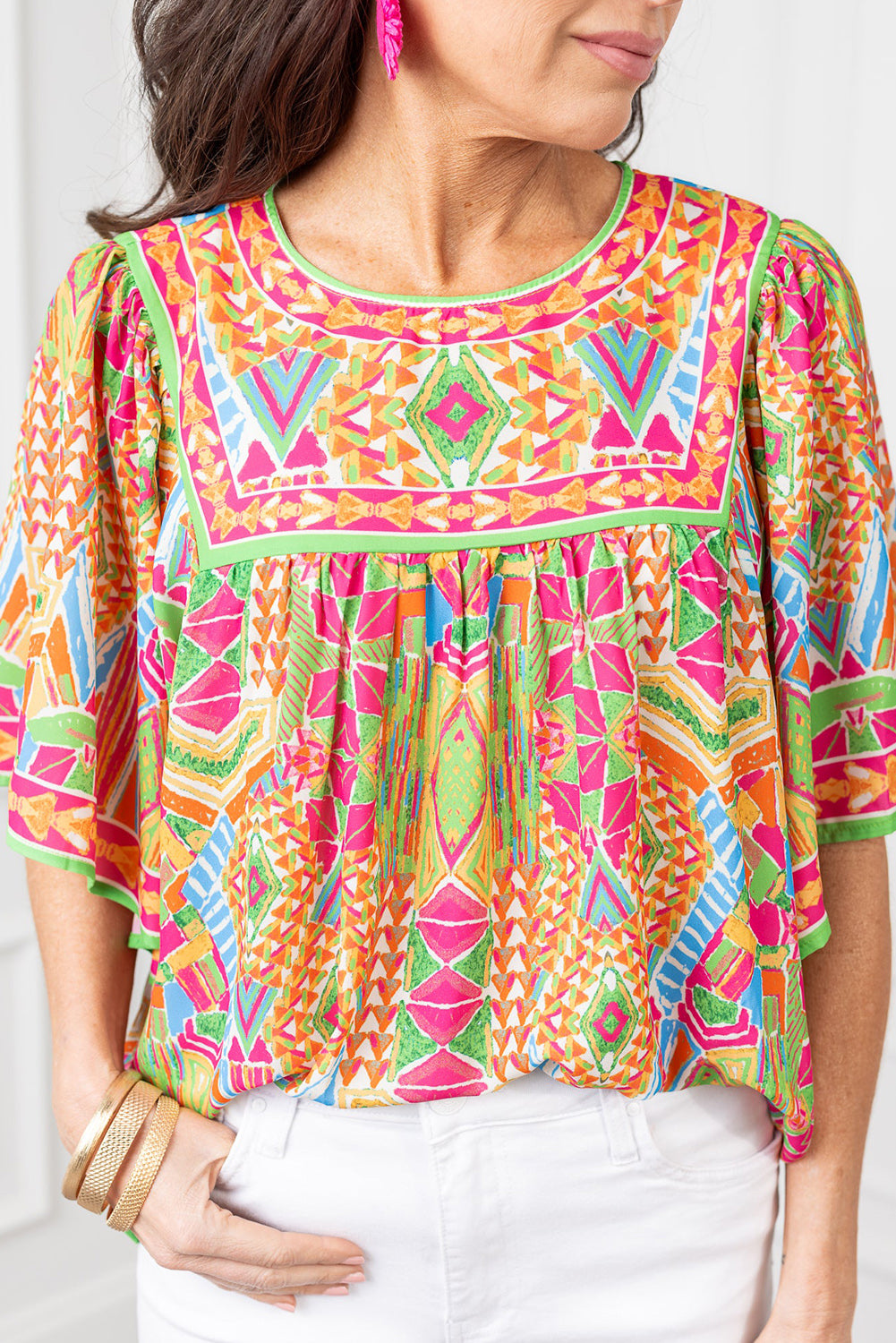 (Preorder 4.12)Geometric Bell Sleeve Babydoll Blouse