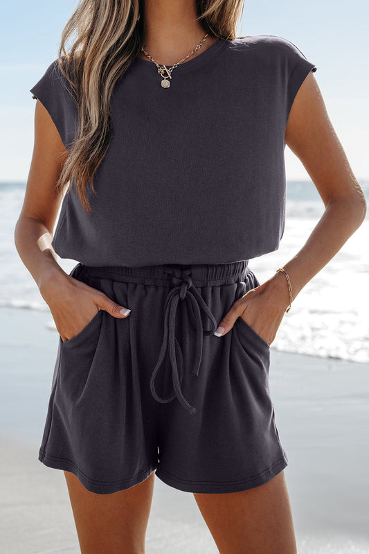 Open Back Cap Sleeve Drawstring Romper