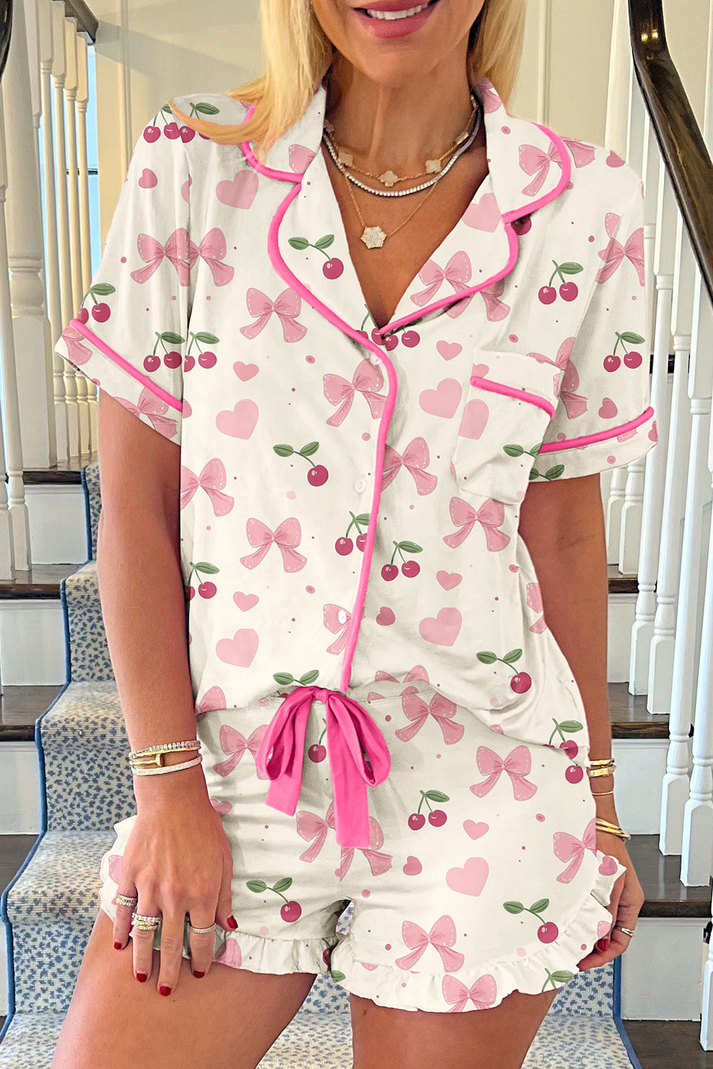 Print Contrast Pipping Short Pajamas Set